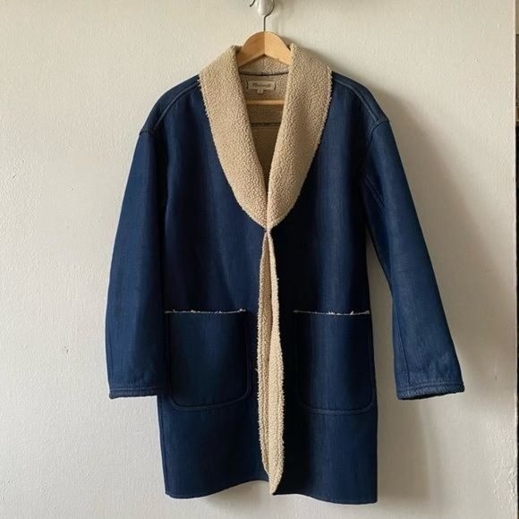 MADEWELL Size Small Sherpa-Bonded Denim Cocoon Coat Mid-Length Front Pockets - Picture 6 of 10